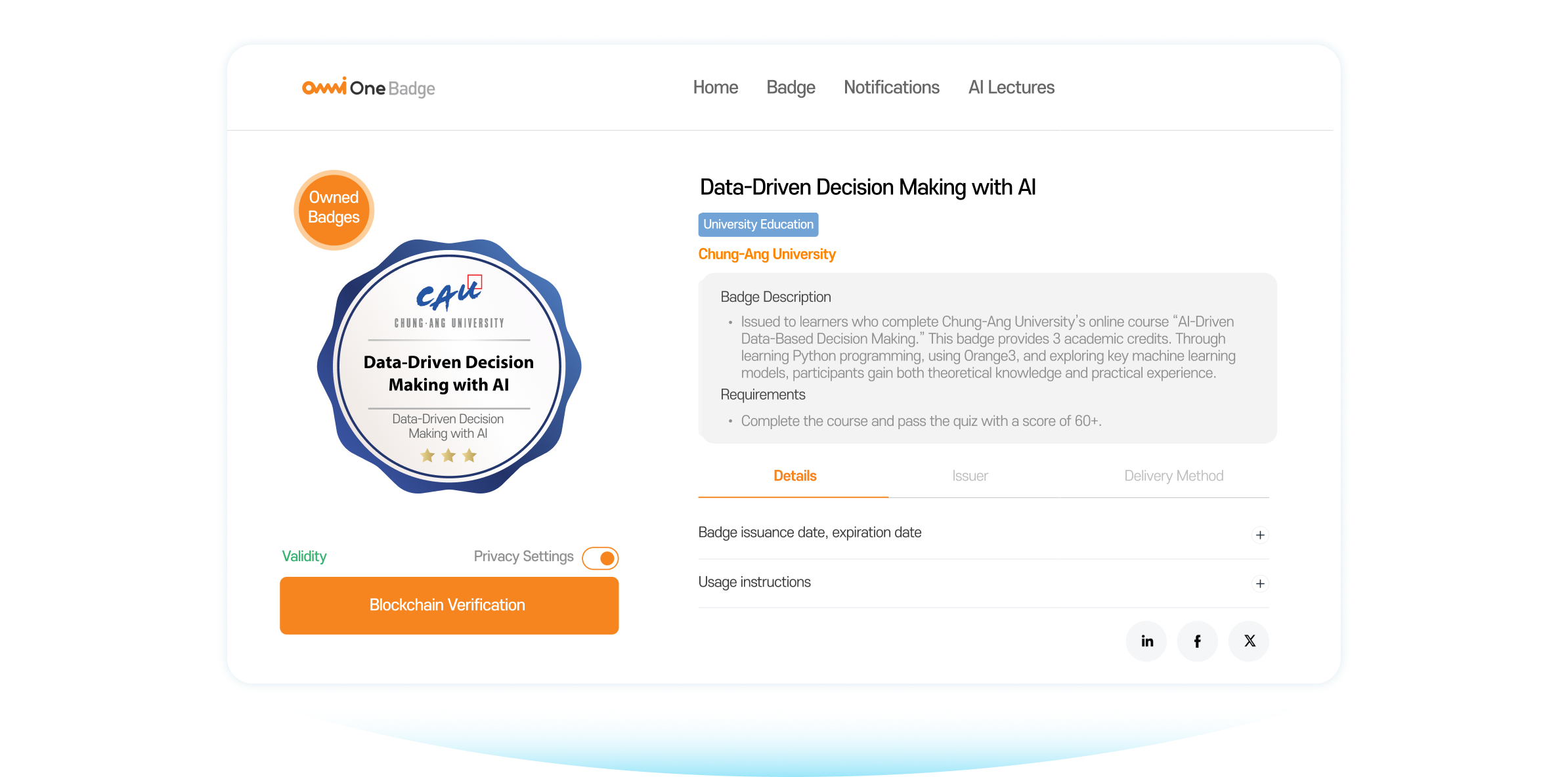 Interface screen of the OmniOne Badge platform